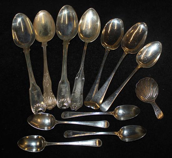 Assorted silver spoons and a Georgian silver caddy spoon